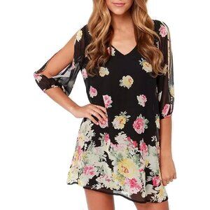 New Lulus Dress Shifting Dears Small Black Pink Yellow Rose Floral Cold Shoulder